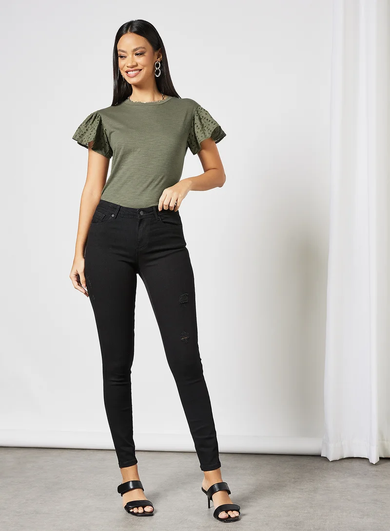 LABEL RAIL Broderie Sleeve Top Green