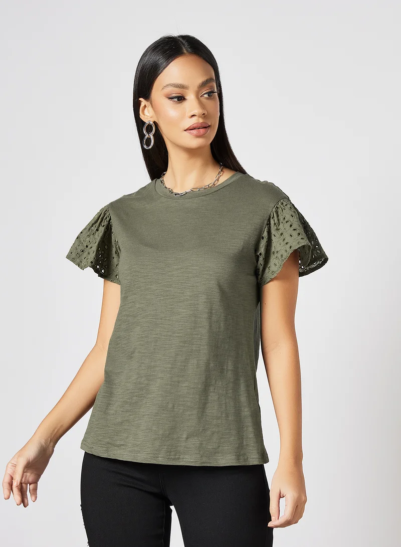 LABEL RAIL Broderie Sleeve Top Green