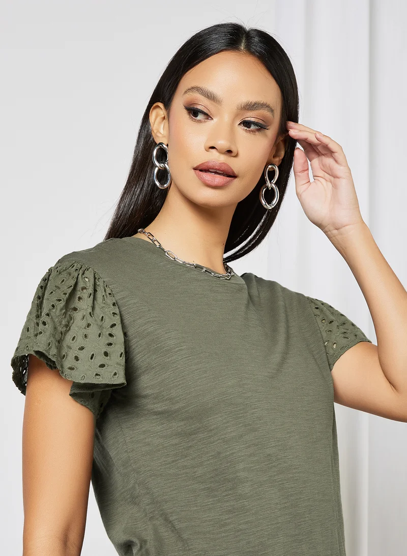 LABEL RAIL Broderie Sleeve Top Green