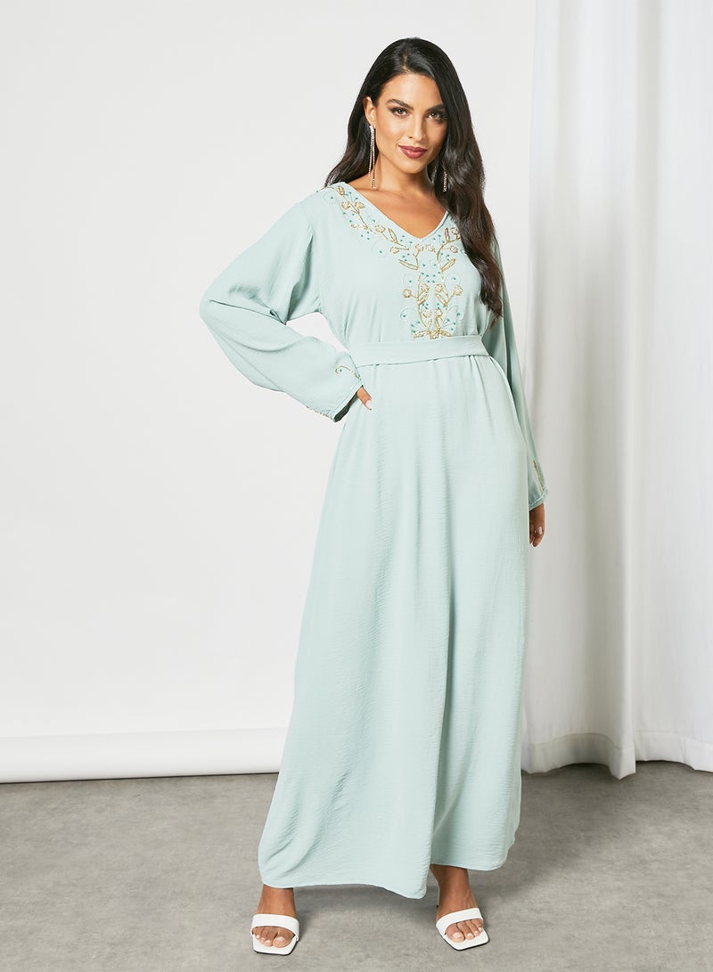 Hayat - Stylish Embellished V-Neck Long Sleeve Jalabiya Light Blue - Image 1