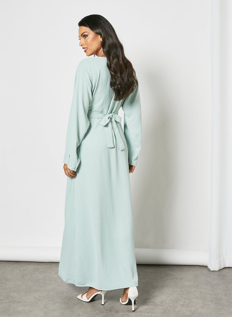 Hayat - Stylish Embellished V-Neck Long Sleeve Jalabiya Light Blue - Image 1