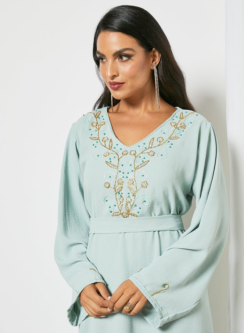 Hayat - Stylish Embellished V-Neck Long Sleeve Jalabiya Light Blue - Image 1