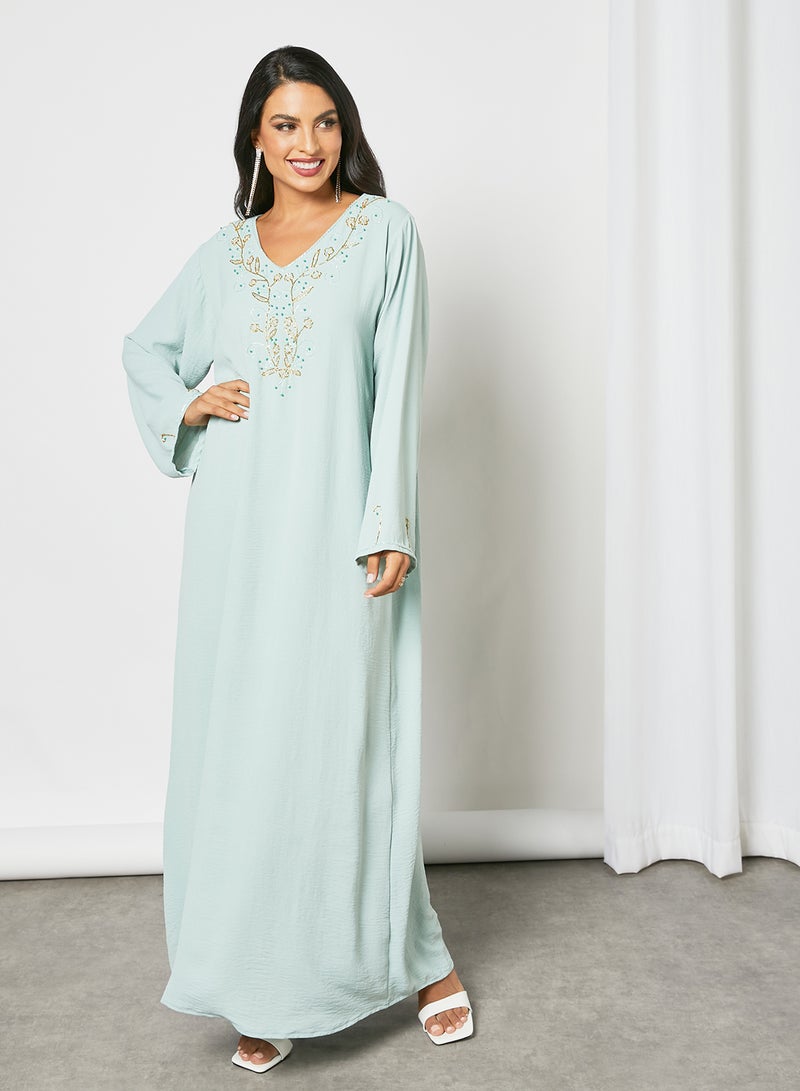 Hayat - Stylish Embellished V-Neck Long Sleeve Jalabiya Light Blue - Image 1
