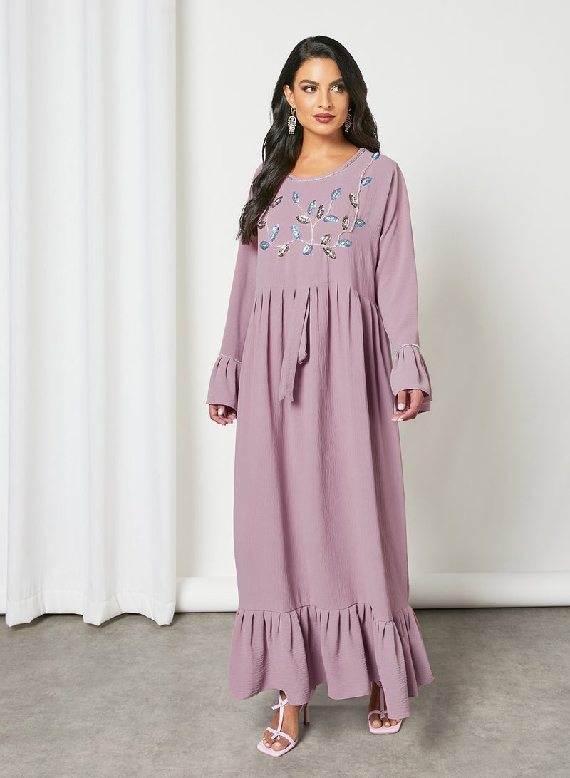 Hayat - Stylish Embellished Scoop Neck Long Sleeve Jalabiya Lilac - Image 1