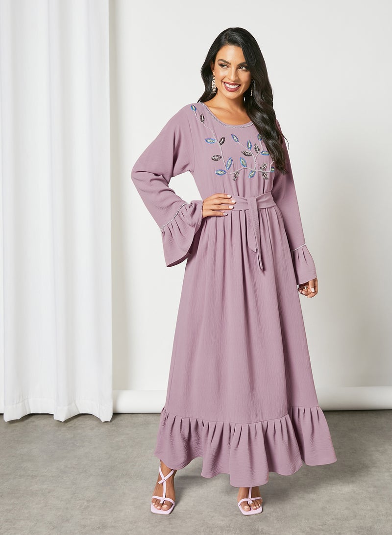 Hayat - Stylish Embellished Scoop Neck Long Sleeve Jalabiya Lilac - Image 1