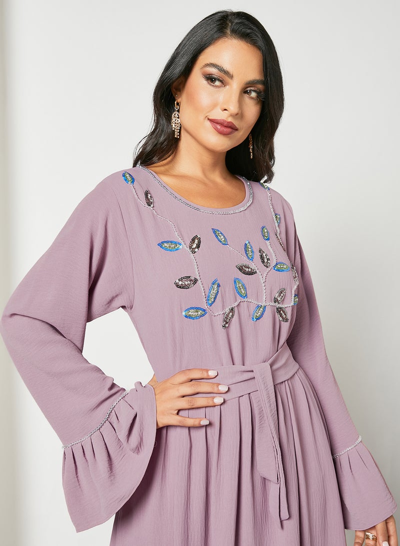 Hayat - Stylish Embellished Scoop Neck Long Sleeve Jalabiya Lilac - Image 1