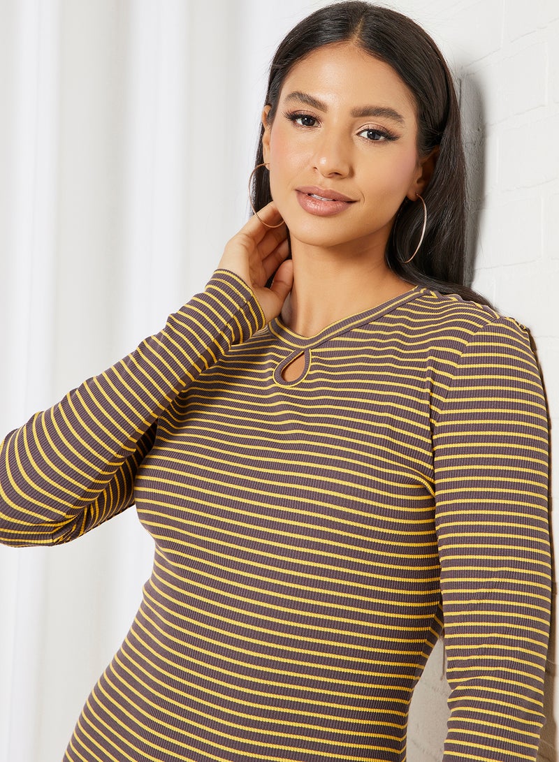 Aila Women's Casual Yarn Dyed Ribbed Striped Design Midi Long Sleeve Knit Dress Yellow/Brown - Image 3