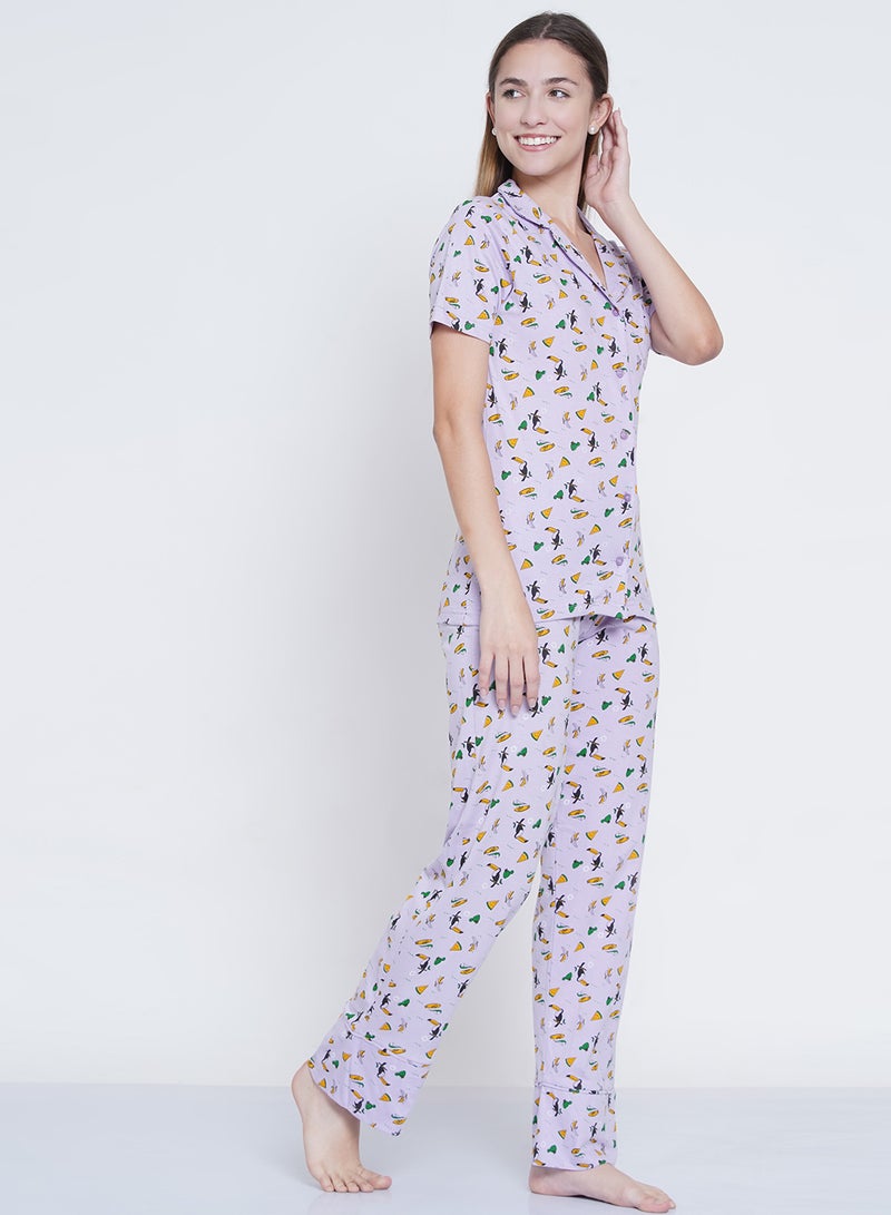 2-Piece Notched Neck Printed Pyjama Set Lilac - v1638354606/N51206968V_3