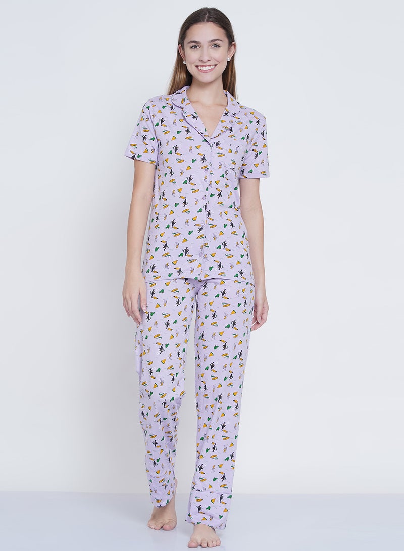 2-Piece Notched Neck Printed Pyjama Set Lilac - v1638354607/N51206968V_1