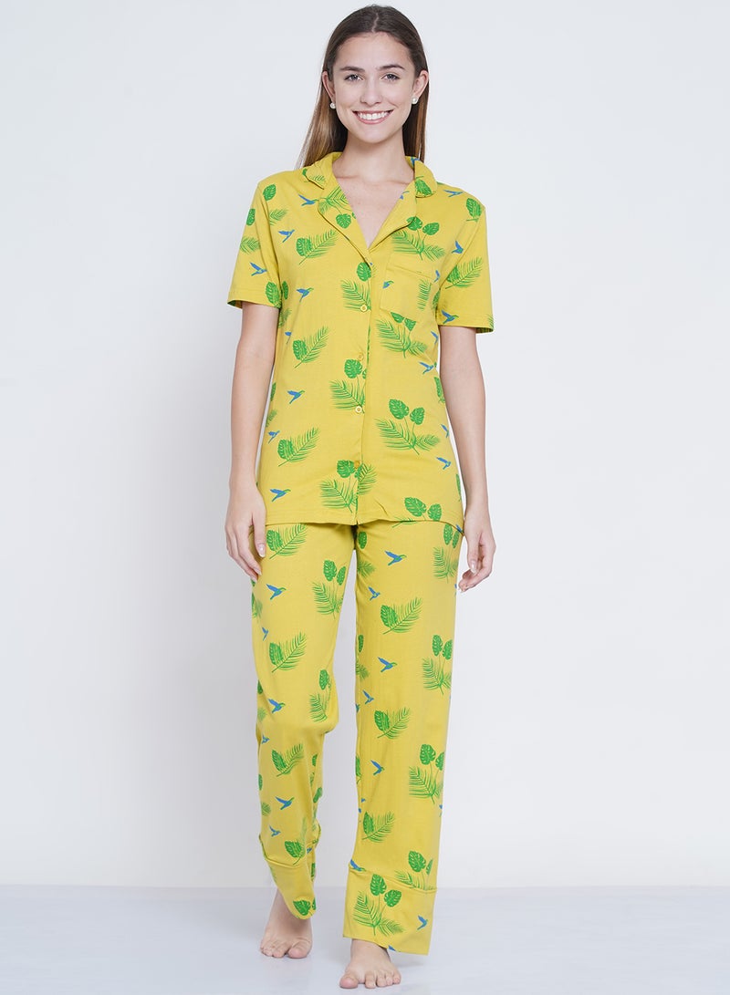 لورين سميث طقم بيجاما بياقة مزين بطبعة زهور ومكون من قطعتين أصفر / أخضر / أزرق - Image 1