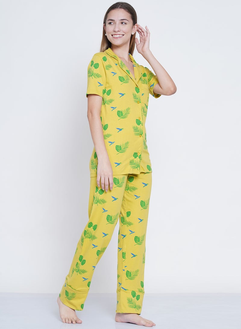 لورين سميث طقم بيجاما بياقة مزين بطبعة زهور ومكون من قطعتين أصفر / أخضر / أزرق - Image 2