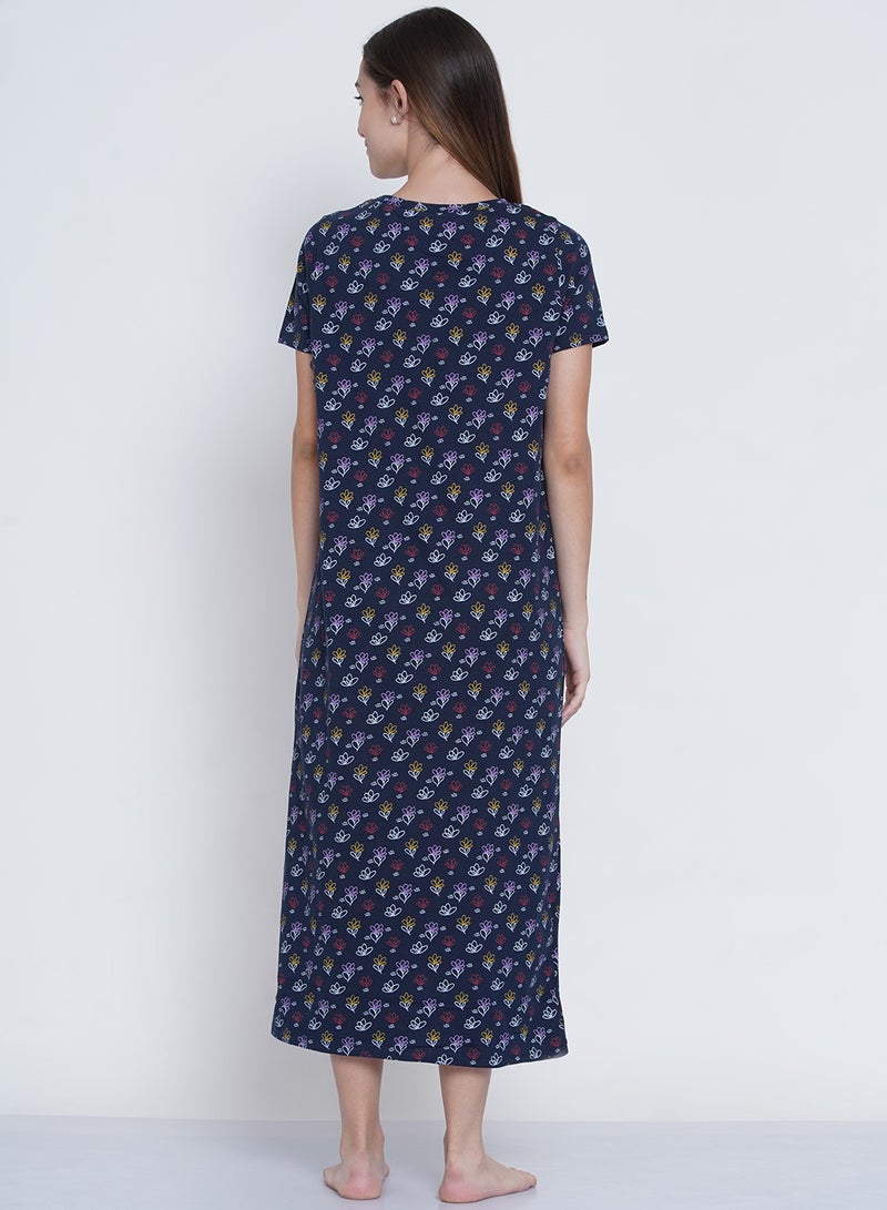 LAUREN Smith - Casual Printed Night Gown Royal Blue - Image 1