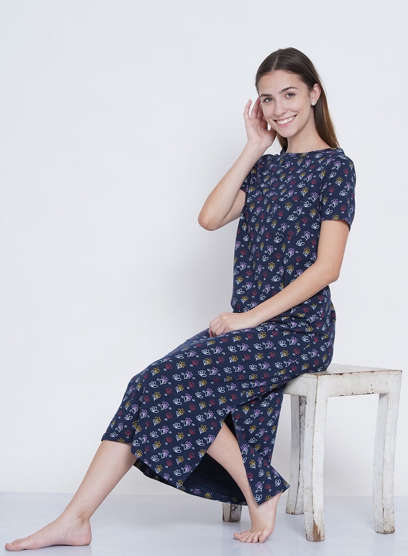 LAUREN Smith - Casual Printed Night Gown Royal Blue - Image 1