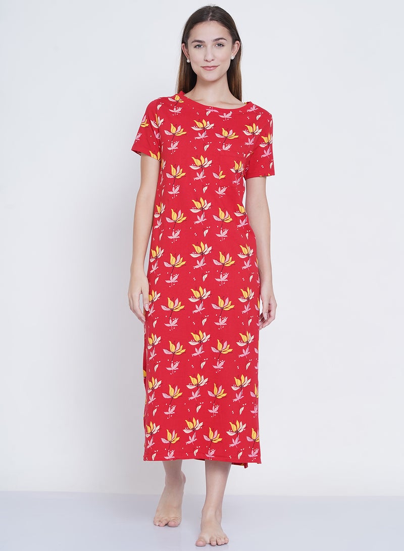 LAUREN Smith Casual Printed Night Gown Red/Yellow/Beige  - Image 1