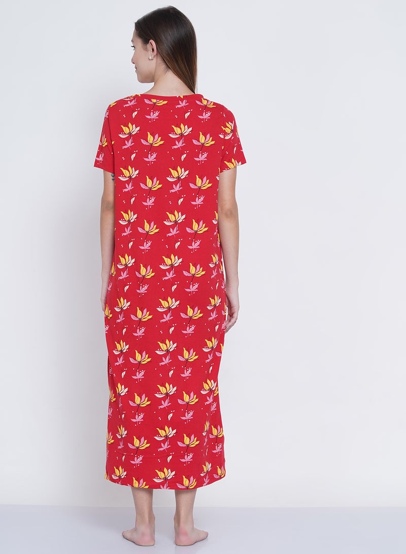 LAUREN Smith Casual Printed Night Gown Red/Yellow/Beige  - Image 4