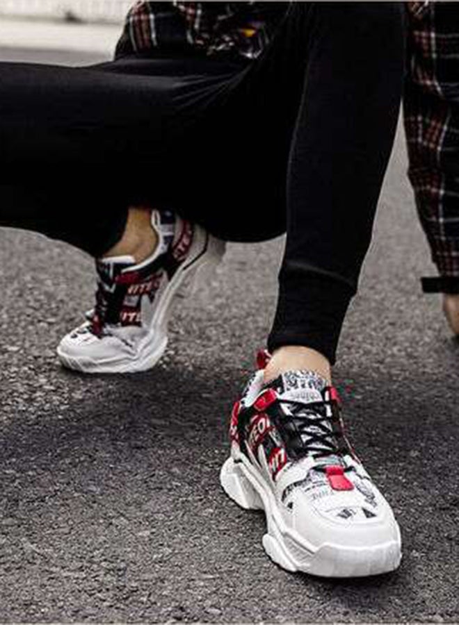 Beauenty Casual Round Toe Lace-Up Low Top Sneakers White/Black/Red  - Image 2