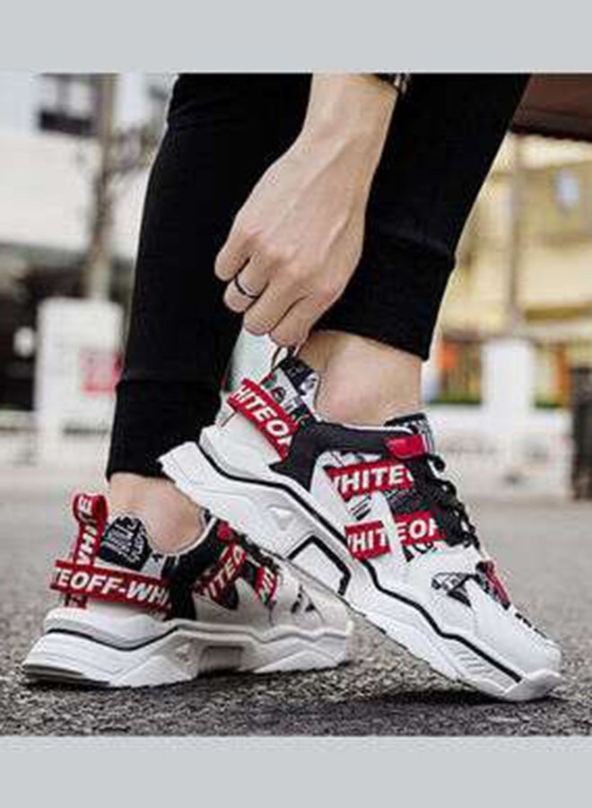 Beauenty Casual Round Toe Lace-Up Low Top Sneakers White/Black/Red  - Image 3