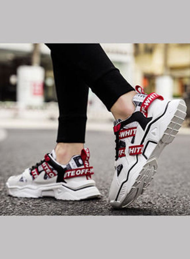 Beauenty Casual Round Toe Lace-Up Low Top Sneakers White/Black/Red  - Image 4