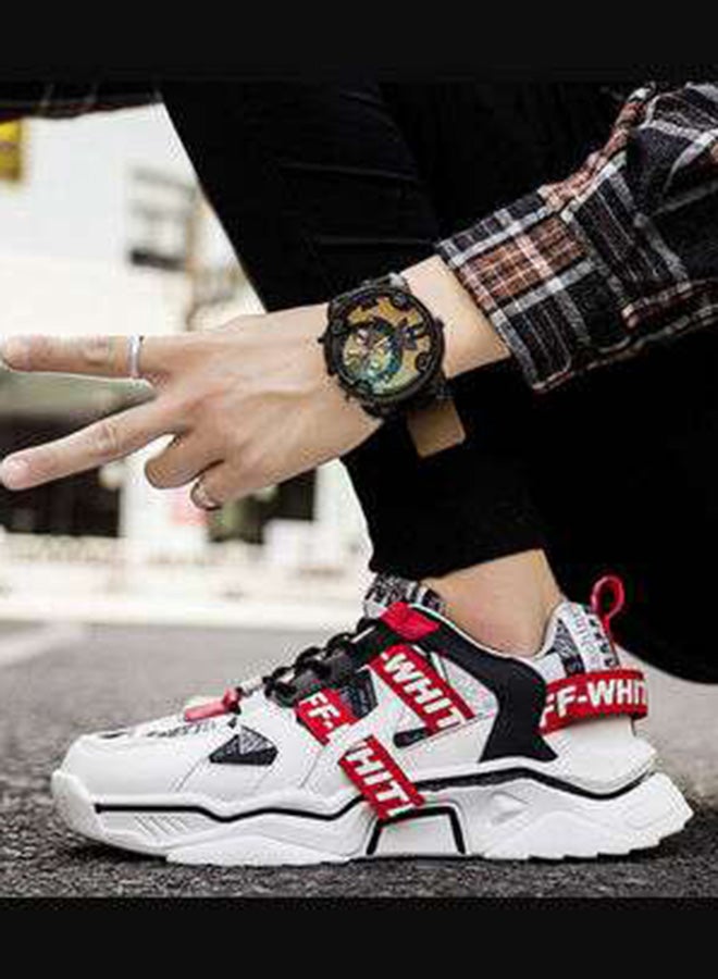 Beauenty Casual Round Toe Lace-Up Low Top Sneakers White/Black/Red  - Image 5
