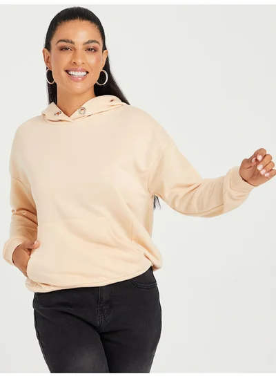 Closet By Styli Eyelets Long Sleeves Regular Knit Hoodie Beige