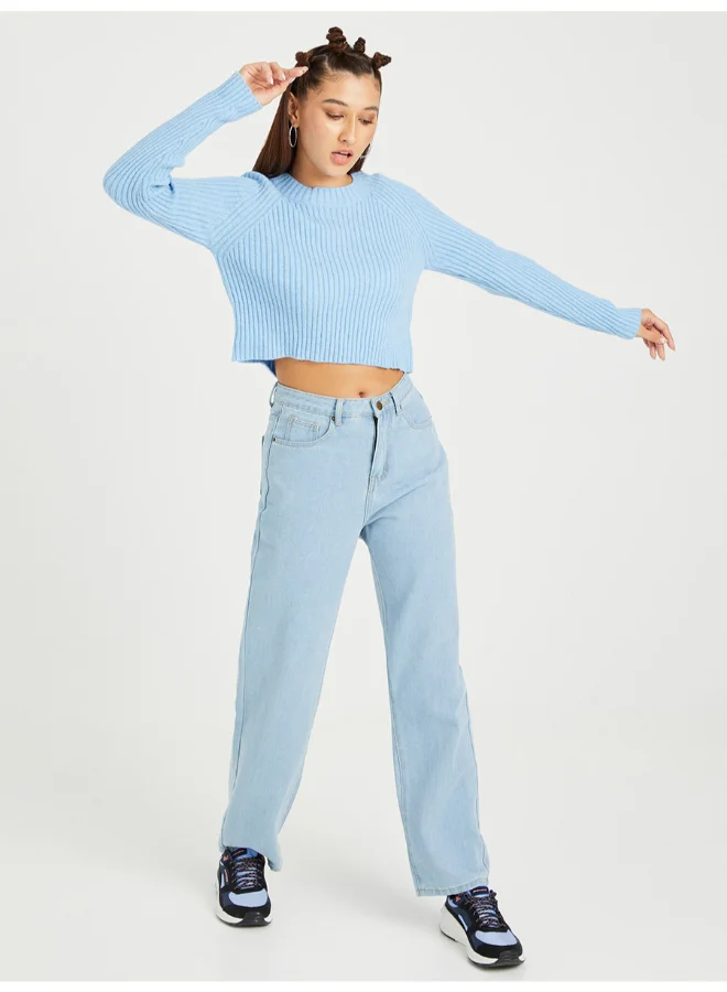 Closet By Styli Ribbed Crew Neck Cropped Sweater Blue