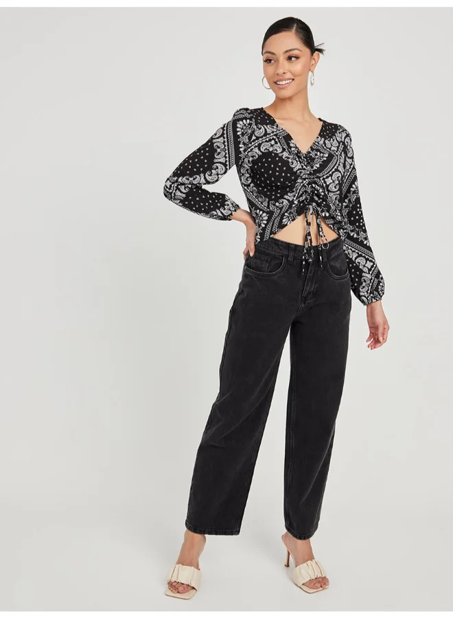 Closet By Styli Paisley Printed Casual Crop Top Black/White