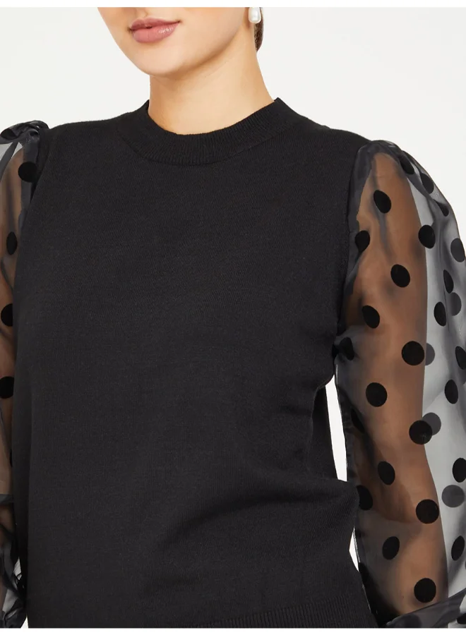 Closet By Styli Dobby Flocked Puff Sleeves Crew Neck Knit Top Black