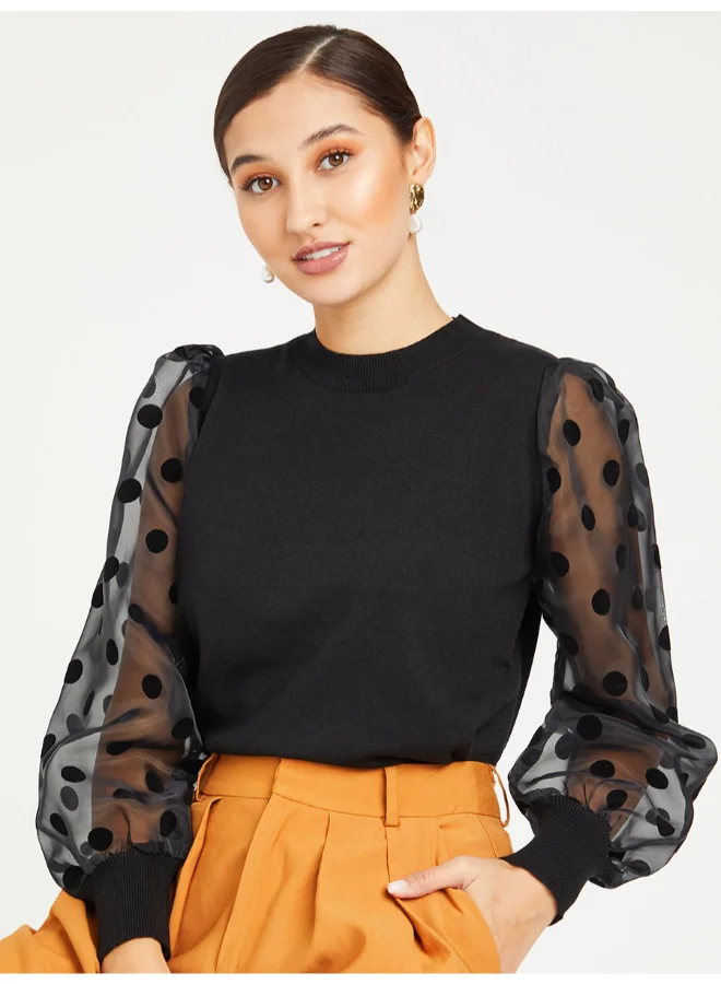 Closet By Styli Dobby Flocked Puff Sleeves Crew Neck Knit Top Black