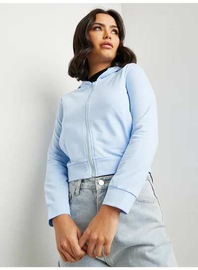 Closet By Styli Long Sleeves Cropped Zip Through Hoodie Blue