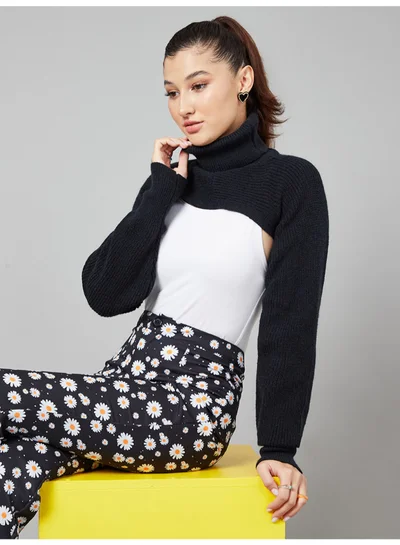 Closet By Styli Turtle Neck Long Sleeves Knit Arm Warmer Sweater Black