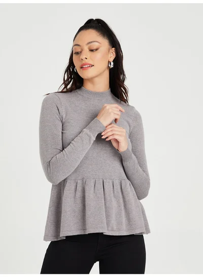 Closet By Styli High Neck Knitted Peplum Sweater Grey