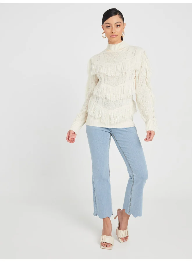 Closet By Styli Long Sleeve Fringe Detail High Neck Regular Fit Sweater Cream
