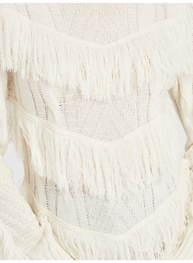 Closet By Styli Long Sleeve Fringe Detail High Neck Regular Fit Sweater Cream