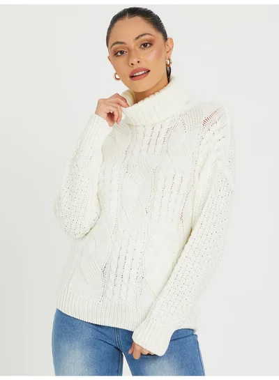 Closet By Styli Cable Knit Turtle Neck Regular Length Sweater Cream