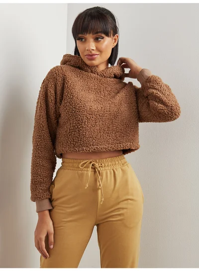 Closet By Styli Fleece Long Sleeve Cropped Hoodie Brown