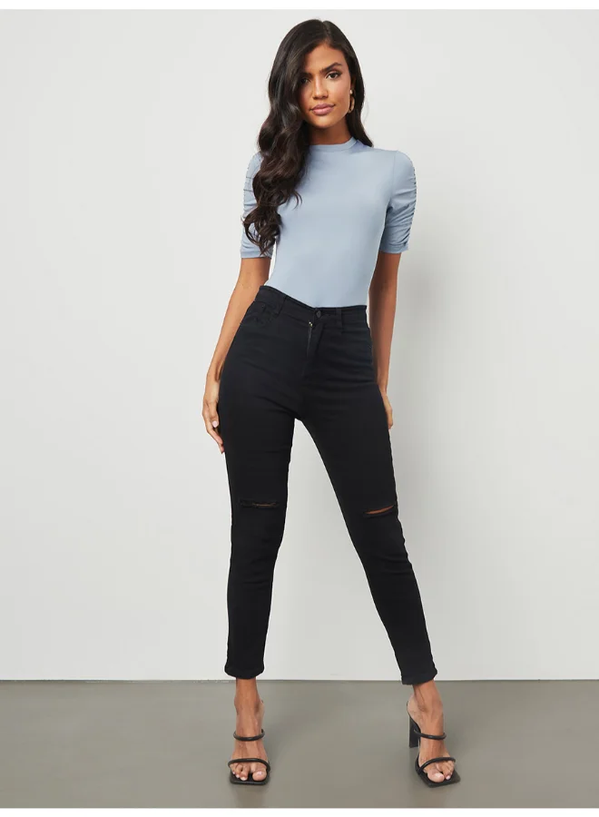 Closet By Styli Ruched Sleeve Crew Neck Plain T-Shirt Blue