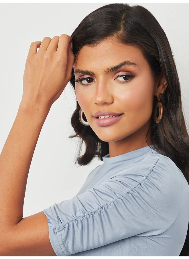 Closet By Styli Ruched Sleeve Crew Neck Plain T-Shirt Blue