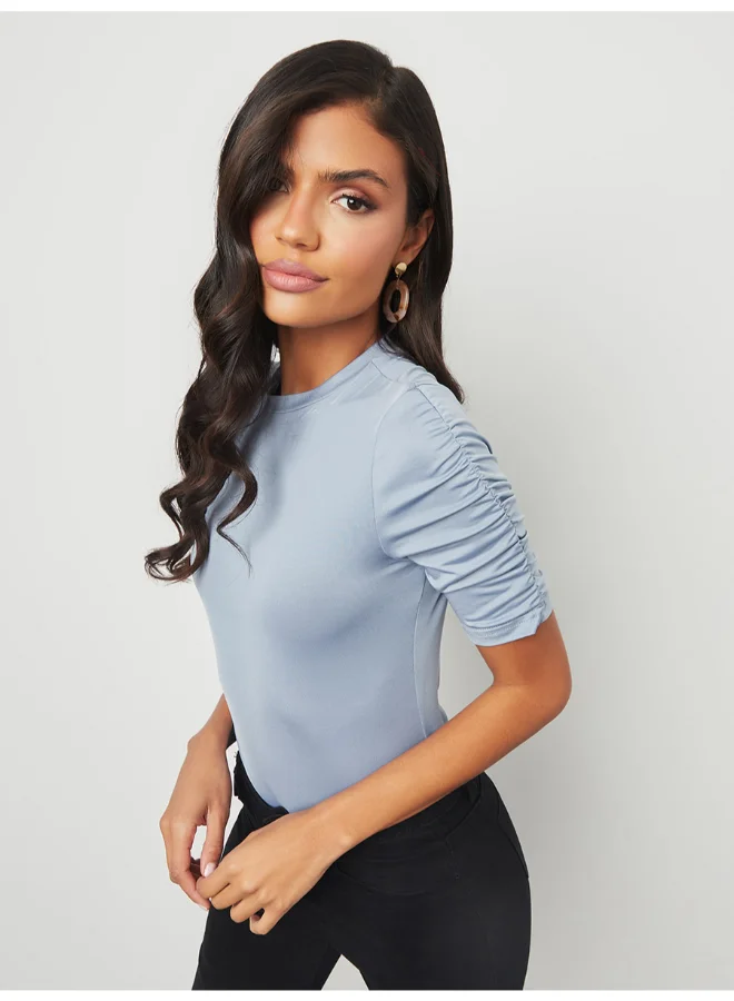 Closet By Styli Ruched Sleeve Crew Neck Plain T-Shirt Blue