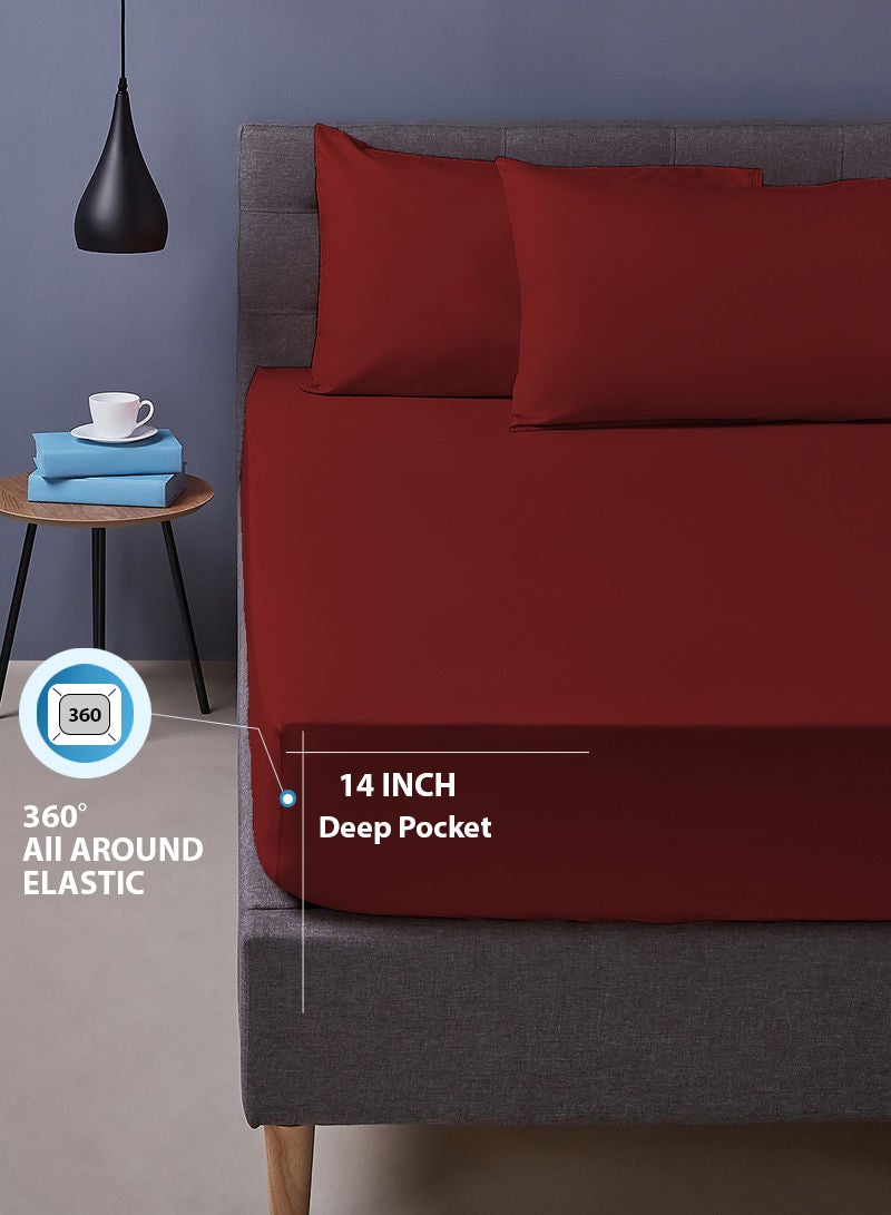 Amal - Home Essential Fitted sheet set/3 King size- 100% Cotton Light Weight Everyday Use 144 TC High Quality 1 Bed Sheet 180x200+33cm, 2 Pillow Case 50x75cm- Garnet Red Cotton Garnet Red - Image 1