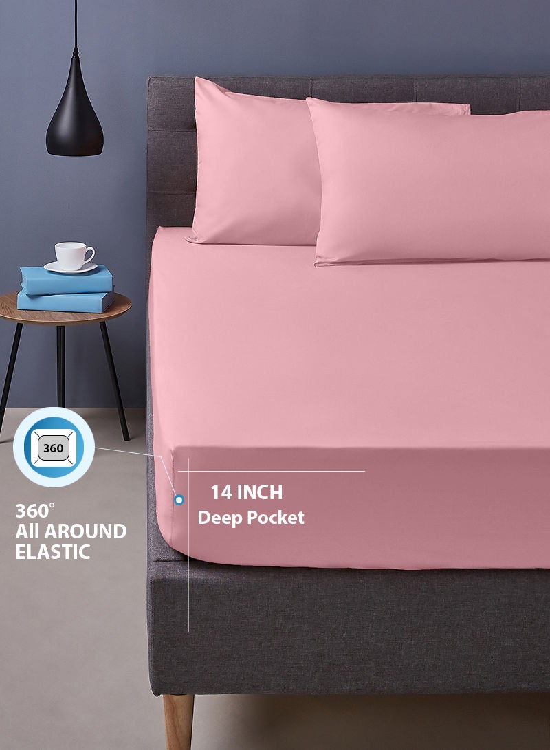 Amal - Home Essential fitted sheet set/3 Single size -  100% Cotton Light Weight Everyday Use 144 TC High Quality 1 Bed Sheet 90x190+25cm, 2 Pillow Case 50x75cm - Pink Cotton Pink - Image 1