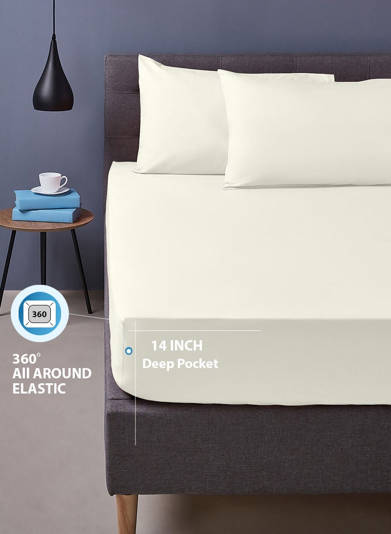 Amal - Home Essential Fitted sheet set/3 King size- 100% Cotton Light Weight Everyday Use 144 TC High Quality 1 Bed Sheet 180x200+33cm, 2 Pillow Case 50x75cm- Cream Cotton Cream - Image 1