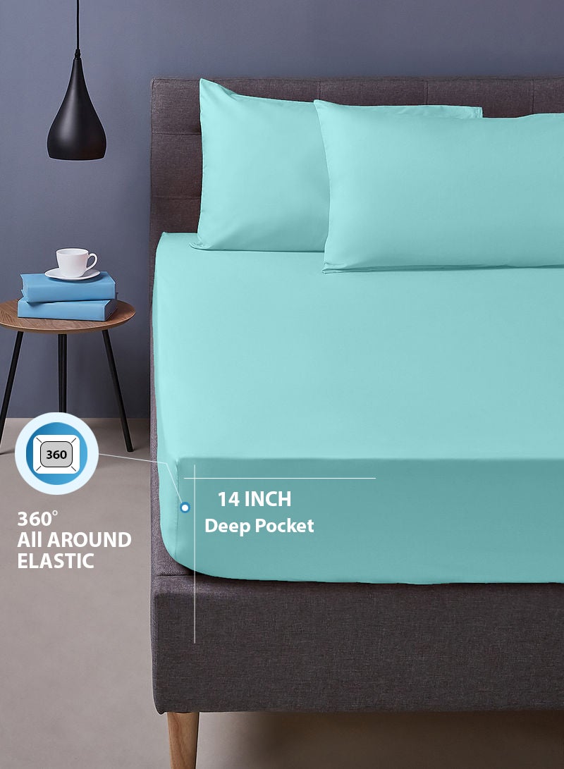 Amal - Home Essential fitted sheet set/3 Single size -  100% Cotton Light Weight Everyday Use 144 TC High Quality 1 Bed Sheet 90x190+25cm, 2 Pillow Case 50x75cm - Turquoise Cotton Turquoise - Image 1