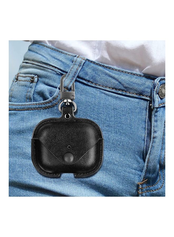 Generic - Genuine Leather Wireless Charging Case With Keychain For Apple AirPods 3 Black - Image 1