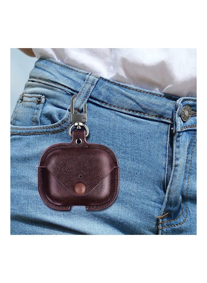 Generic - Genuine Leather Wireless Charging Case With Keychain For Apple AirPods 3 Brown - Image 1