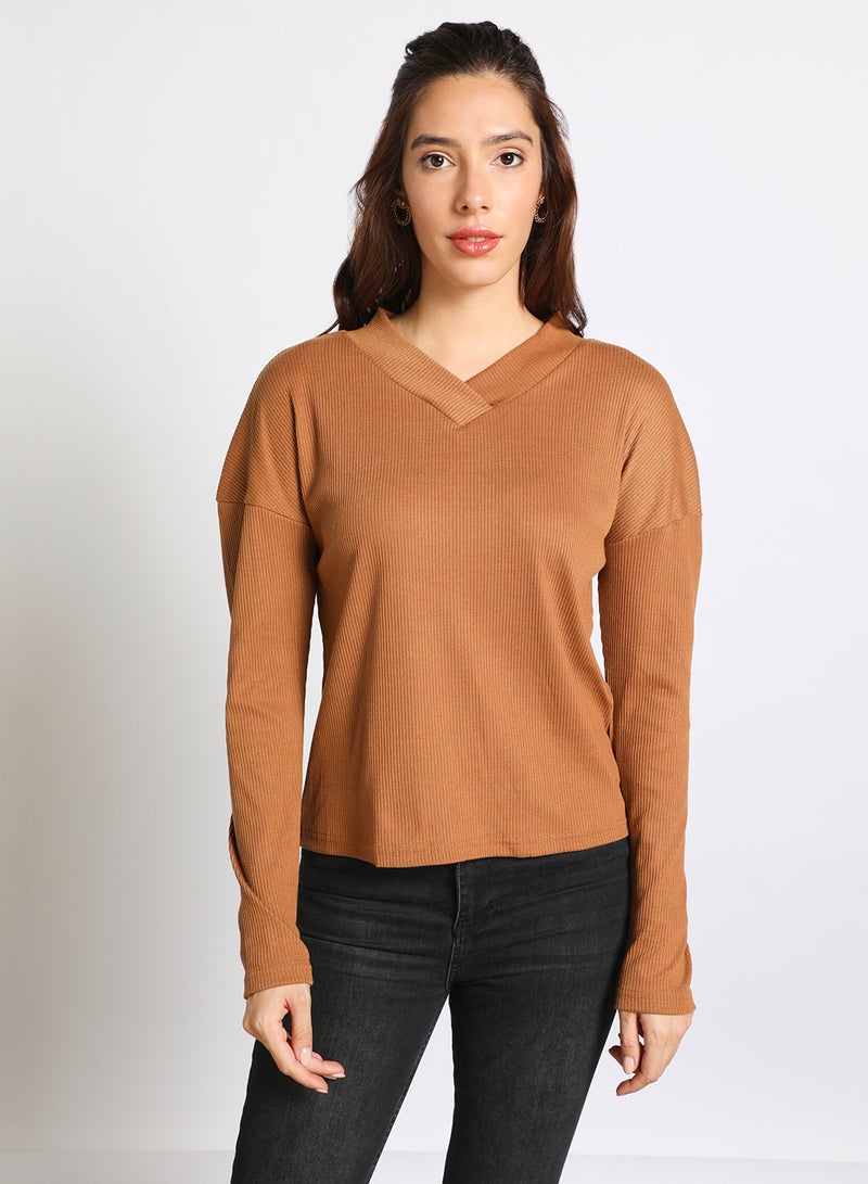 Aila Women's V Neck Drop Shoulder Long Sleeve Knitted Top Dark Brown  - Image 1