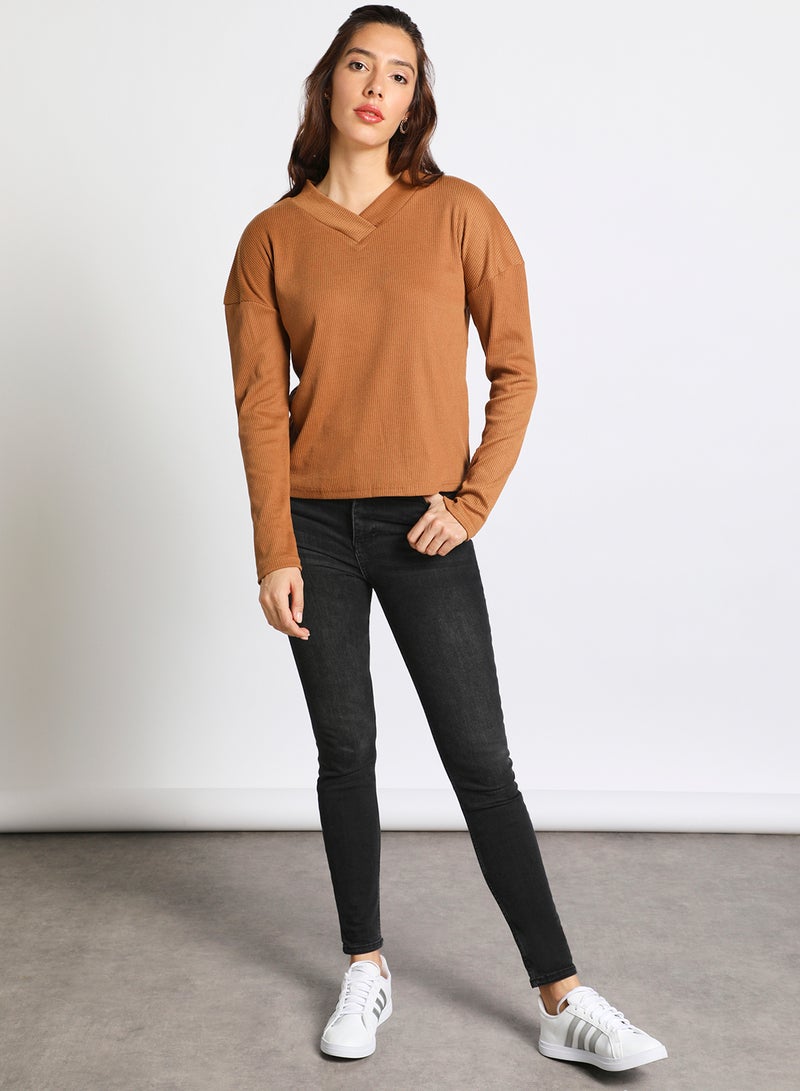Aila Women's V Neck Drop Shoulder Long Sleeve Knitted Top Dark Brown  - Image 2
