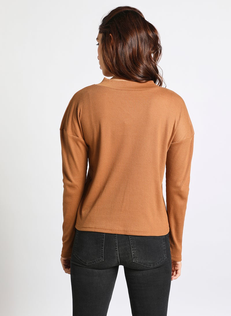 Aila Women's V Neck Drop Shoulder Long Sleeve Knitted Top Dark Brown  - Image 3