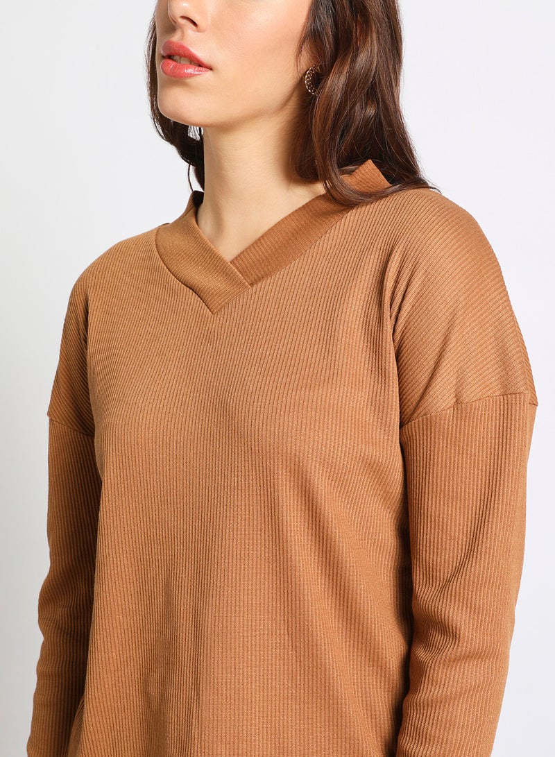 Aila Women's V Neck Drop Shoulder Long Sleeve Knitted Top Dark Brown  - Image 4