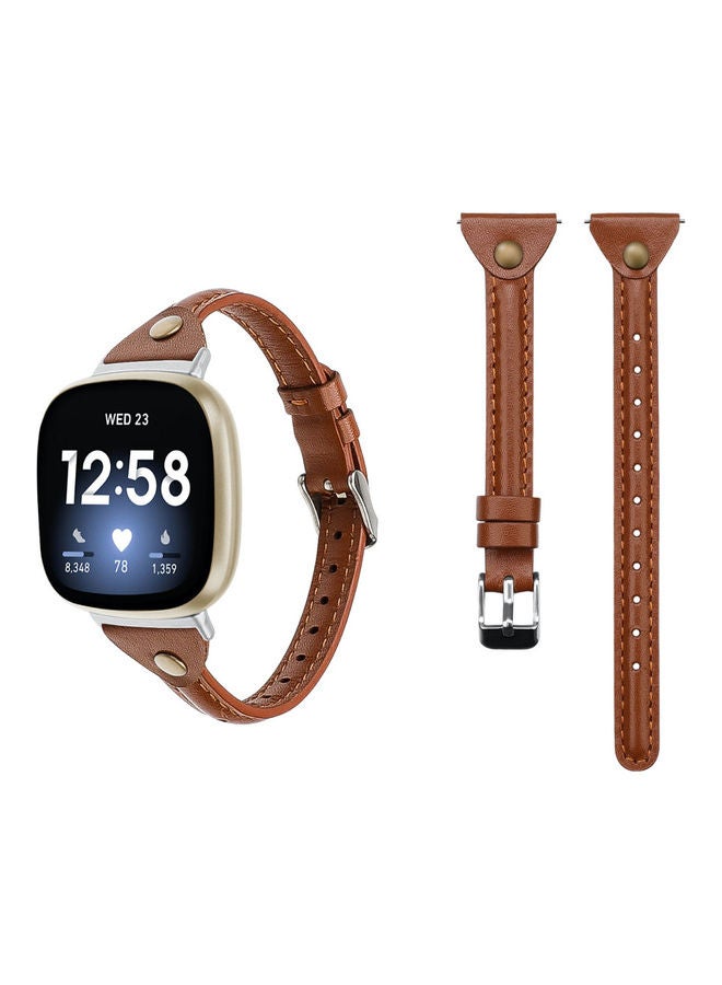 Perfii Slim Genuine Leather Replacement Band for Fitbit Versa 3 Brown