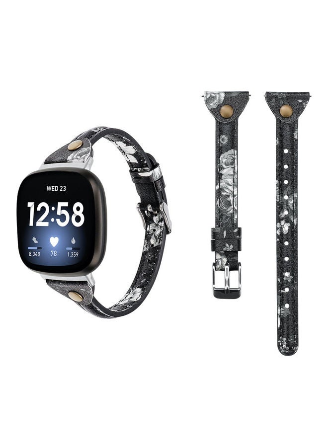 Perfii Slim Genuine Leather Replacement Band for Fitbit Versa 3 Floral Black Grey